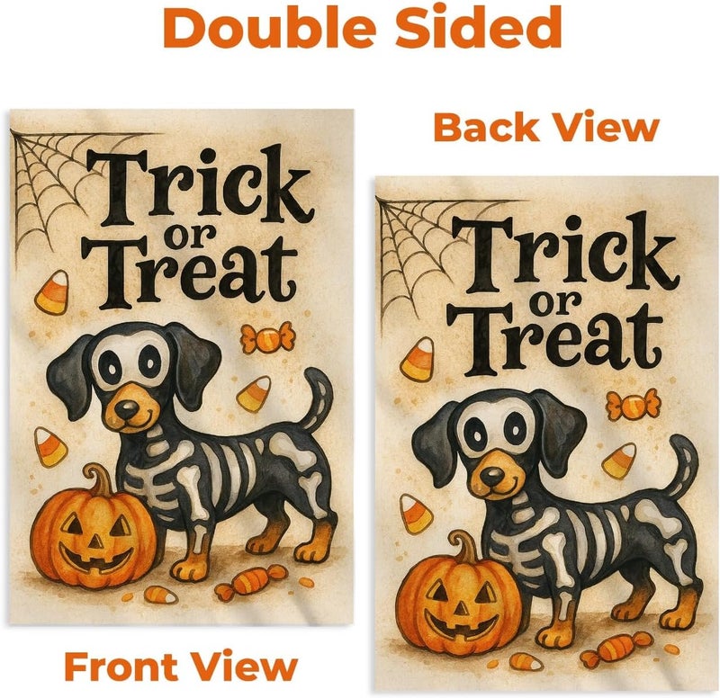 KarvePro Skeleton Dachshund Dog Halloween Garden Flag – Trick or Treat Pumpkin Yard Flag 12x18, Double Sided Burlap Outdoor Decoration - Image 5